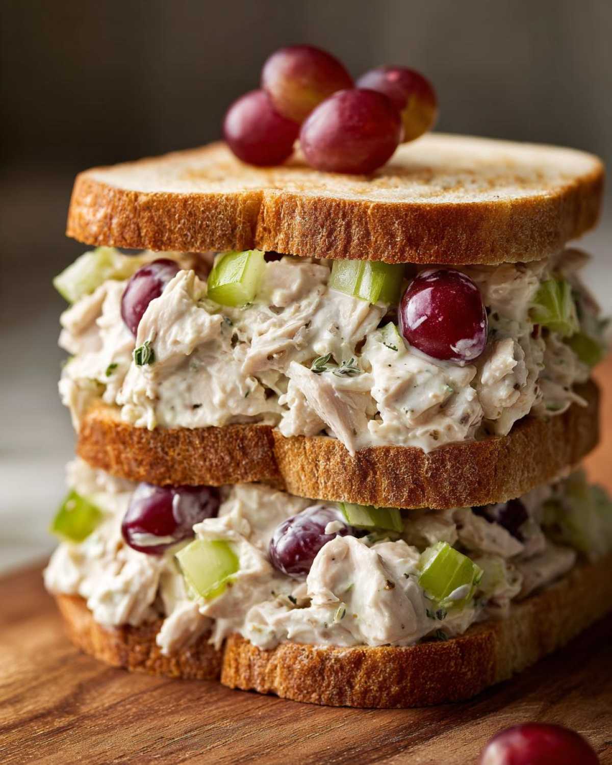A tall, stacked chicken salad sandwich featuring creamy filling, celery, red grapes, and toasted bread.