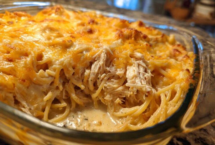 Close-up of creamy chicken spaghetti baked in a glass dish, showing shredded chicken and melted cheddar cheese.