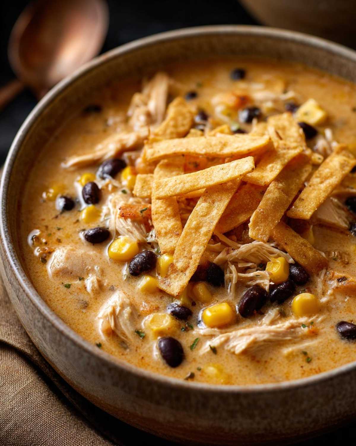 A close-up view of a bowl of creamy chicken tortilla soup, loaded with shredded chicken, black beans, corn, and topped with crispy tortilla strips.