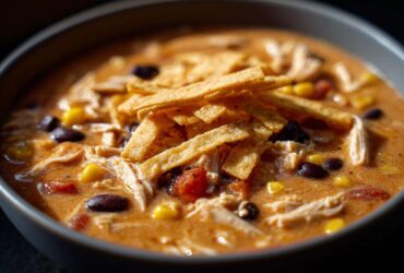 A close-up shot of a bowl filled with rich, creamy chicken tortilla soup topped with tortilla strips, black beans, and corn.