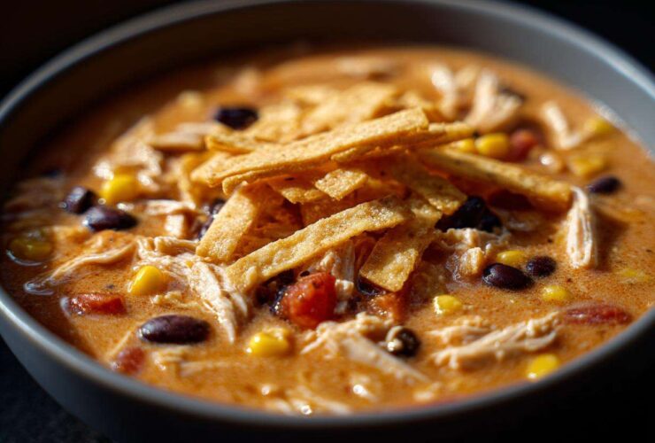 A close-up shot of a bowl filled with rich, creamy chicken tortilla soup topped with tortilla strips, black beans, and corn.