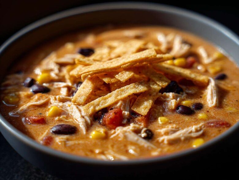 A close-up shot of a bowl filled with rich, creamy chicken tortilla soup topped with tortilla strips, black beans, and corn.
