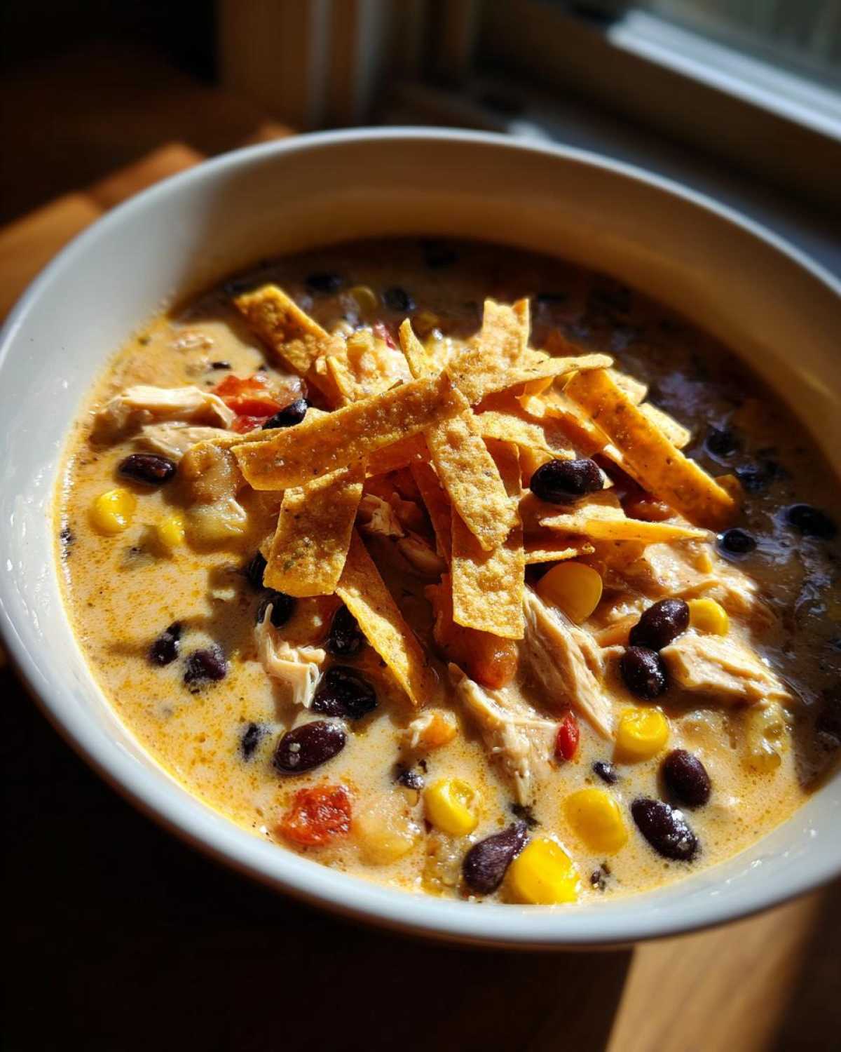 Close-up of a bowl of creamy chicken tortilla soup, topped with crispy tortilla strips, black beans, and corn.