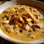 A close-up, appetizing shot of creamy chicken tortilla soup topped with crispy tortilla strips, black beans, and corn.