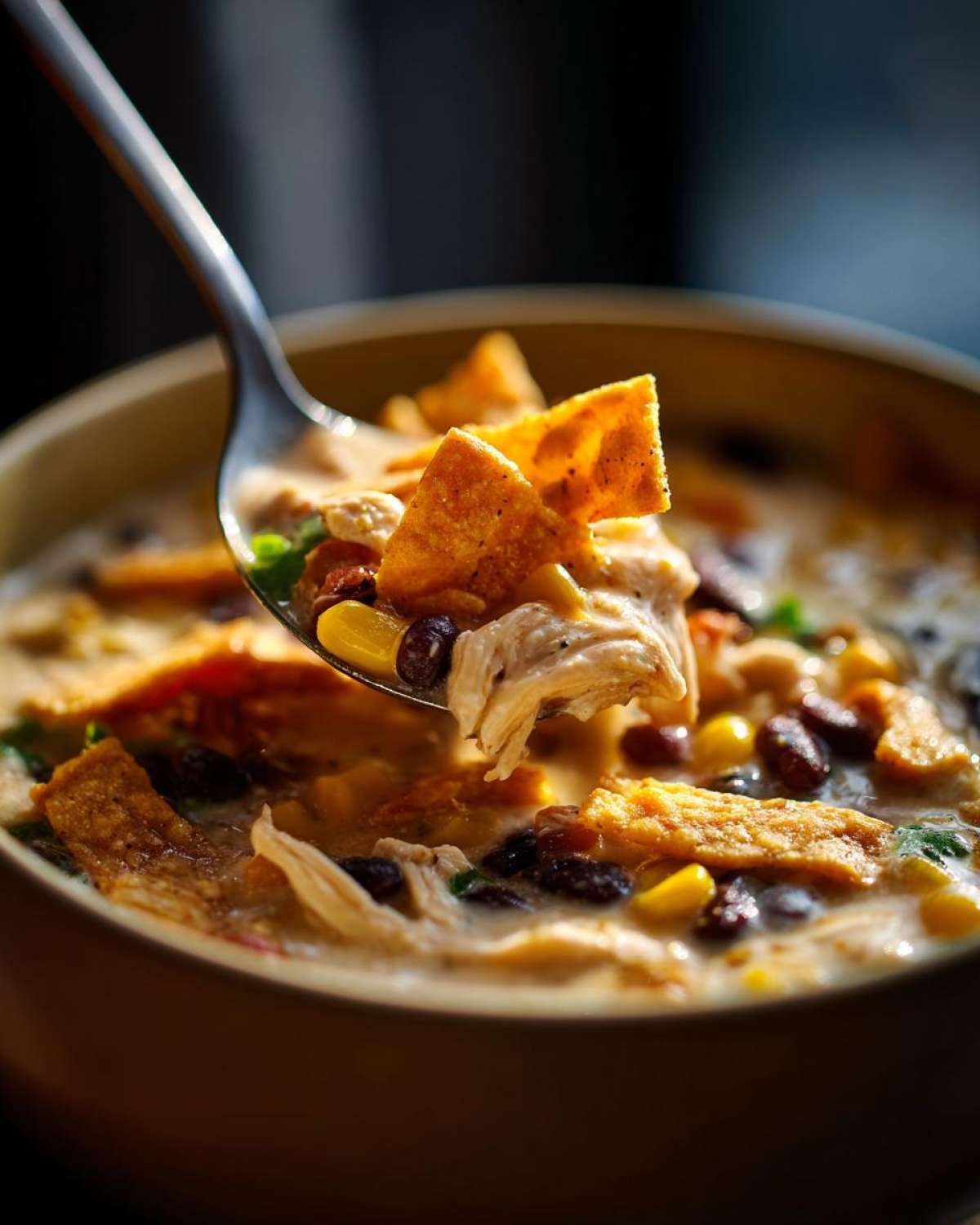 A spoonful lifting shredded chicken, black beans, corn, and tortilla strips from a bowl of creamy chicken tortilla soup.