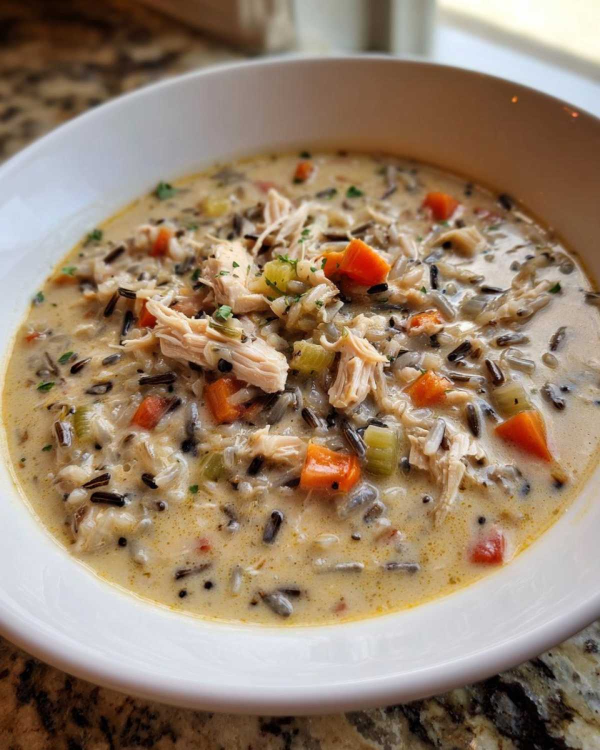 Close-up of a hearty bowl of creamy wild rice soup, featuring shredded chicken, carrots, and celery.