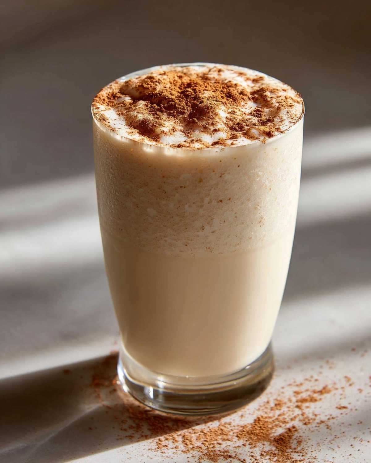 A tall glass filled with creamy, frothy coquito, heavily dusted with ground cinnamon on top.