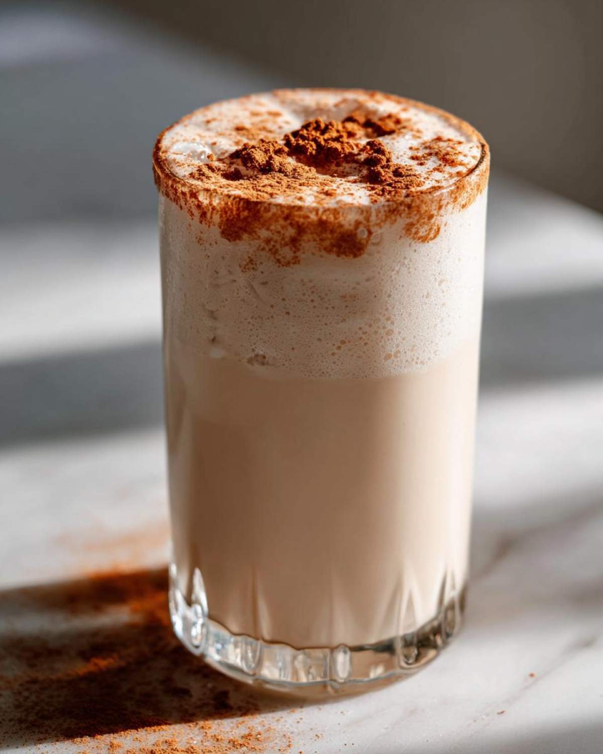 A tall glass filled with creamy coquito, topped with thick foam and a dusting of ground cinnamon.
