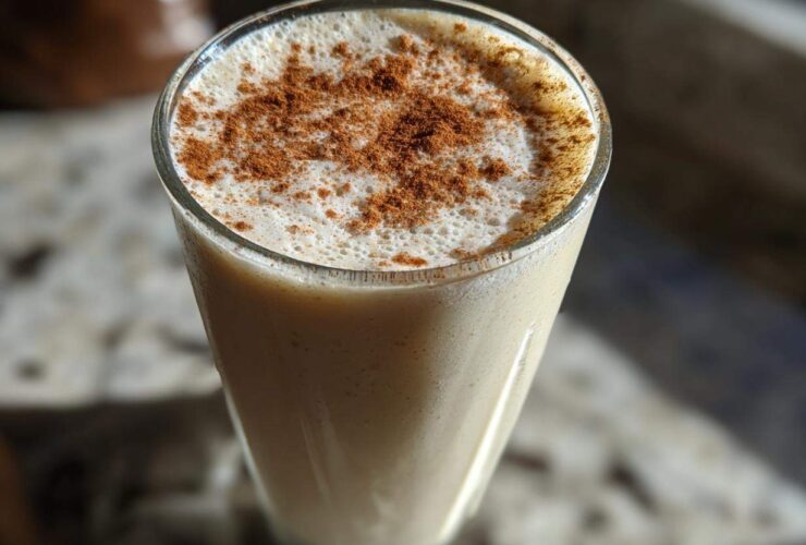 A tall glass filled with creamy coquito, topped with a thick layer of foam and dusted heavily with ground cinnamon.
