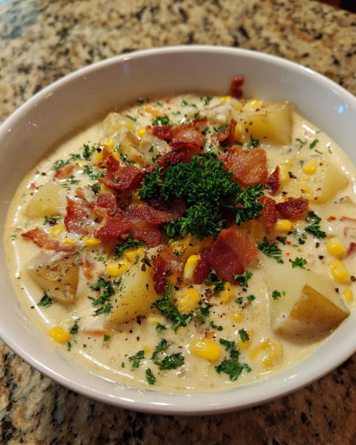 A close-up of a creamy bowl of amazing 6 ingredient corn chowder topped with bacon and parsley.