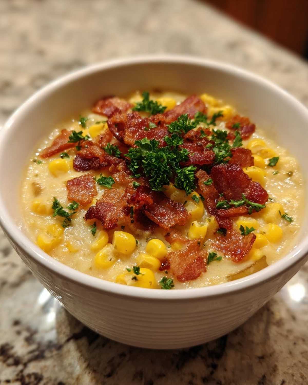 A close-up of a bowl of creamy corn chowder loaded with whole corn kernels, topped with crispy bacon pieces and fresh parsley.
