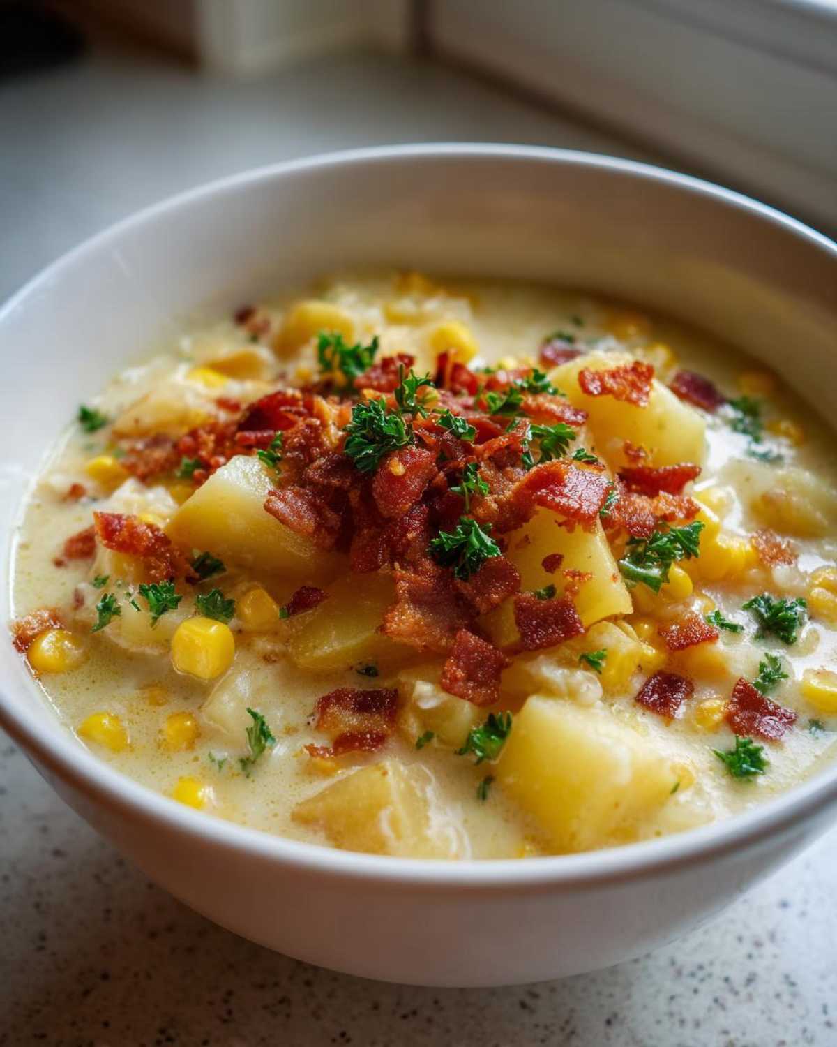 Close-up of a creamy bowl of corn chowder topped with bacon bits and fresh parsley.