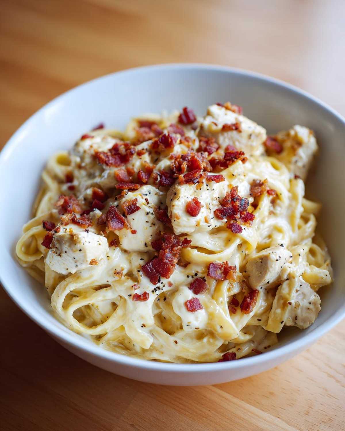 A close-up of a white bowl filled with creamy Crack chicken pasta, topped generously with diced bacon.