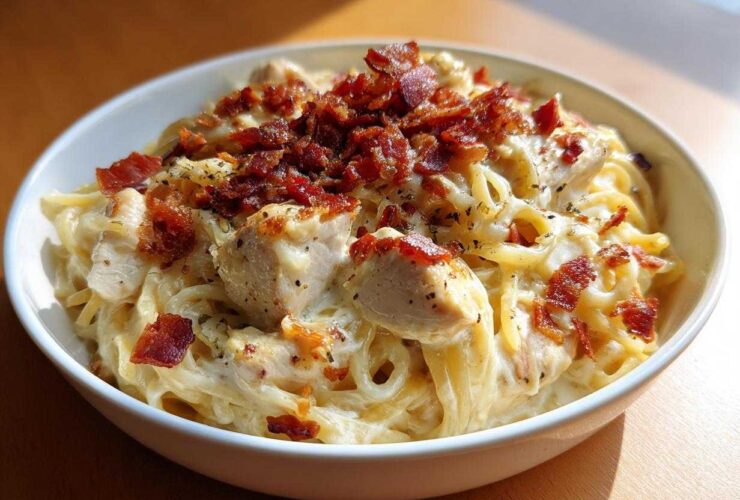 A close-up of a bowl of creamy Crack chicken pasta loaded with chunks of chicken and crispy bacon bits.