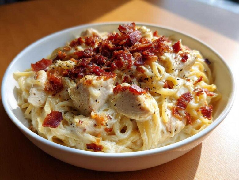 A close-up of a bowl of creamy Crack chicken pasta loaded with chunks of chicken and crispy bacon bits.
