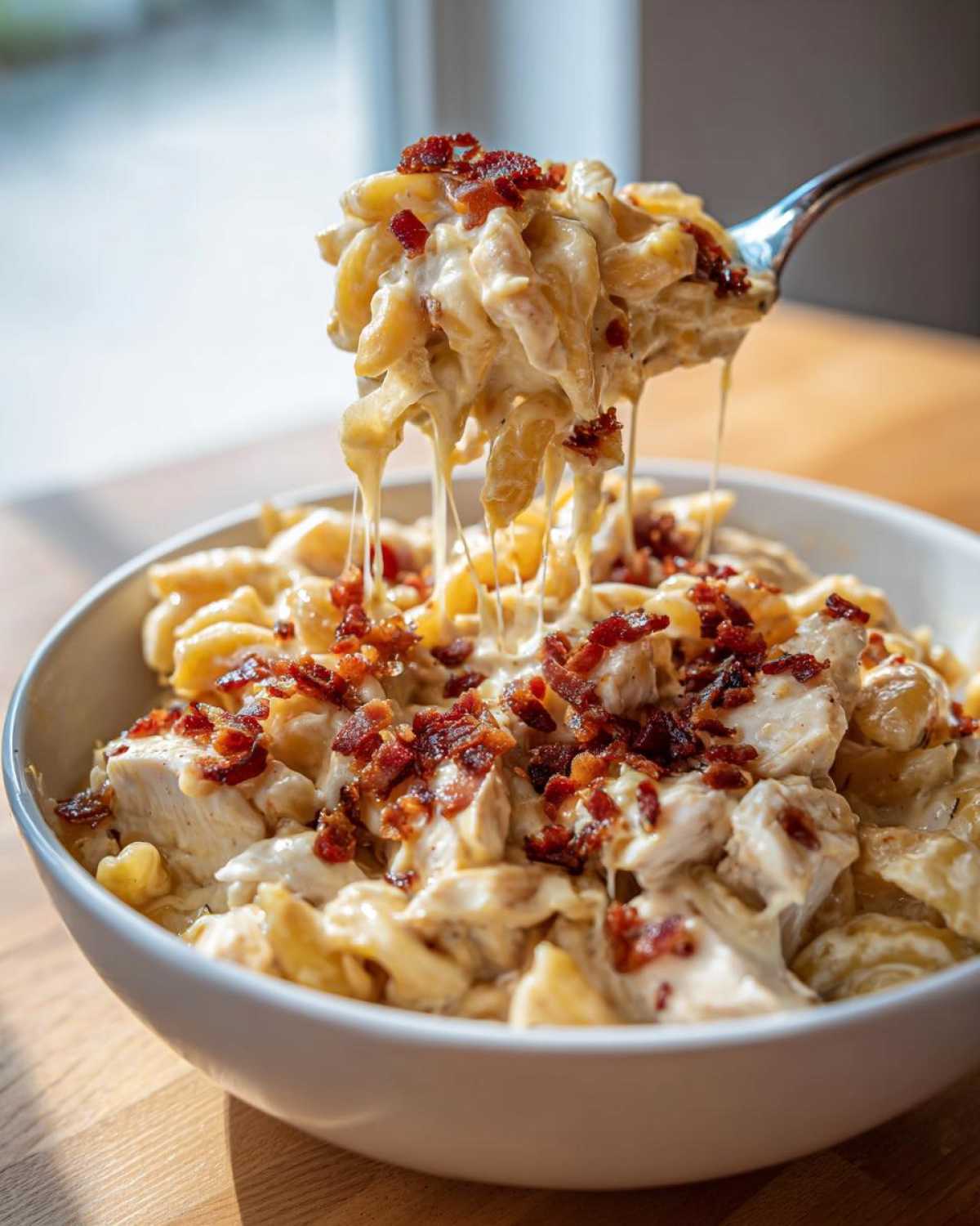 A spoonful of creamy, cheesy Crack chicken pasta topped with bacon bits is lifted from a white bowl.