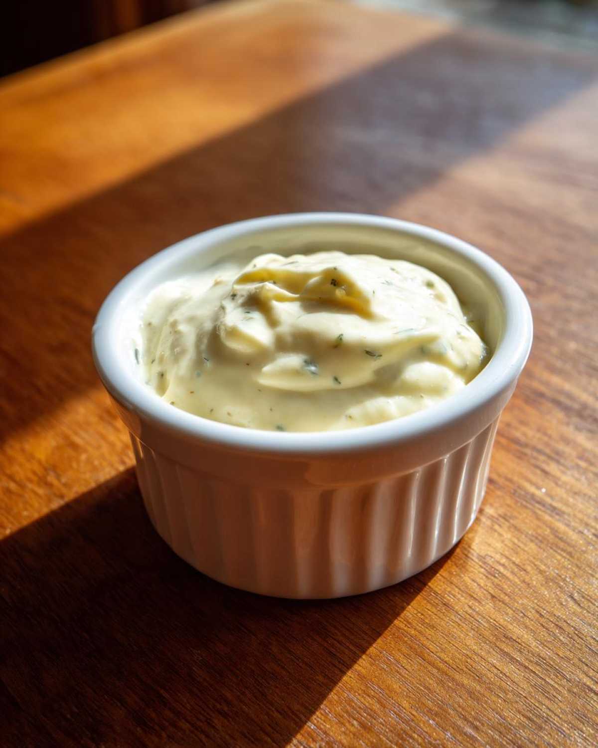 A small white ramekin filled with creamy, pale yellow garlic aioli speckled with green herbs, sitting on a wooden table.