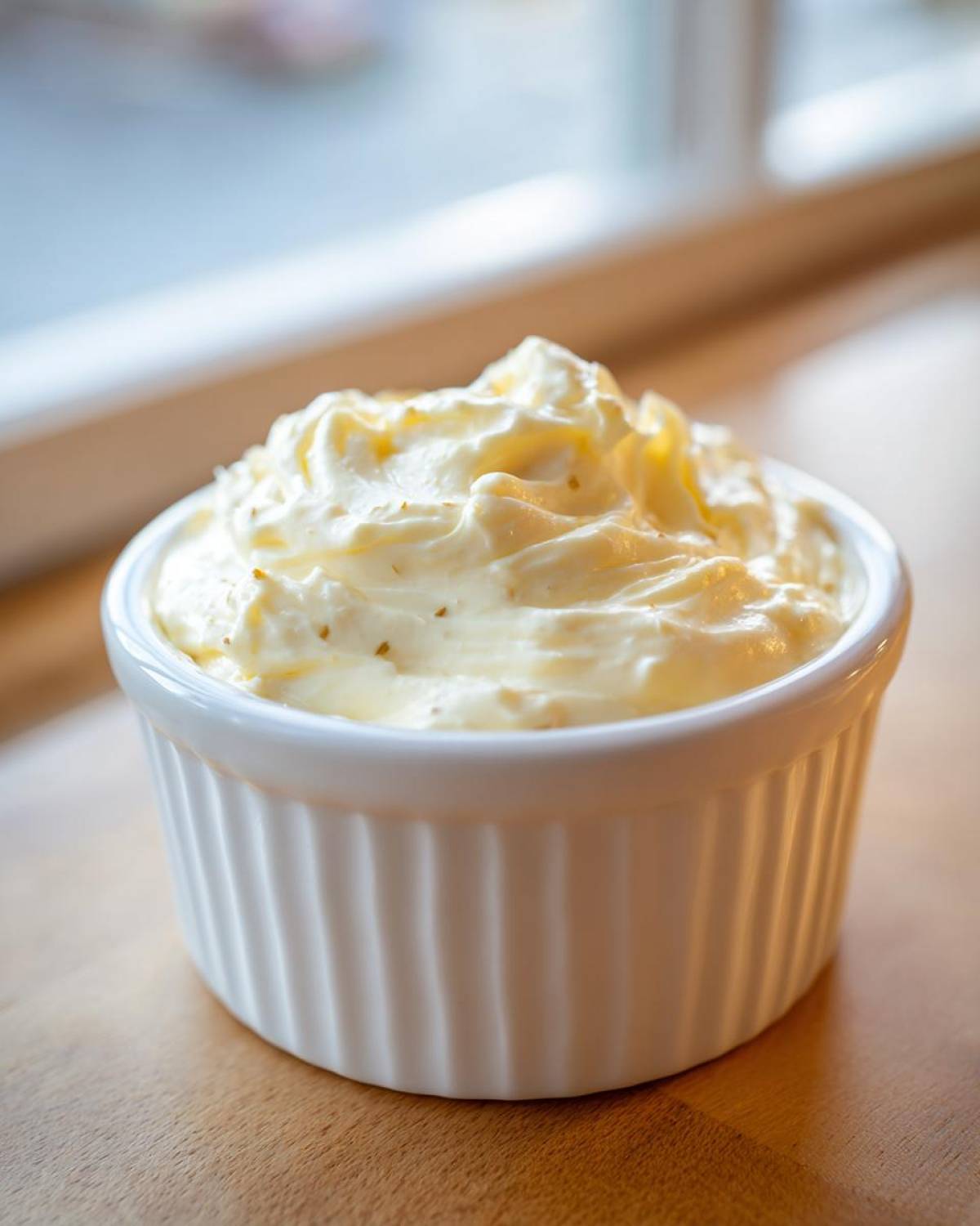 A close-up of creamy, pale yellow garlic aioli swirled beautifully in a small, white, fluted ramekin.
