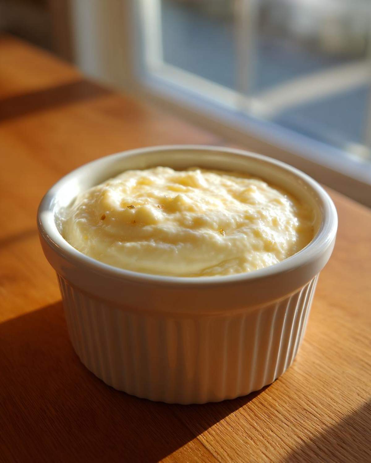 A small white ramekin filled with thick, creamy garlic aioli, sitting on a wooden surface near a window.