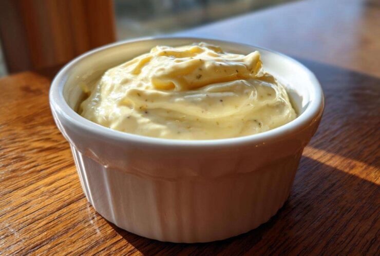 A close-up of creamy, pale yellow garlic aioli with visible specks of herbs in a small white ramekin.