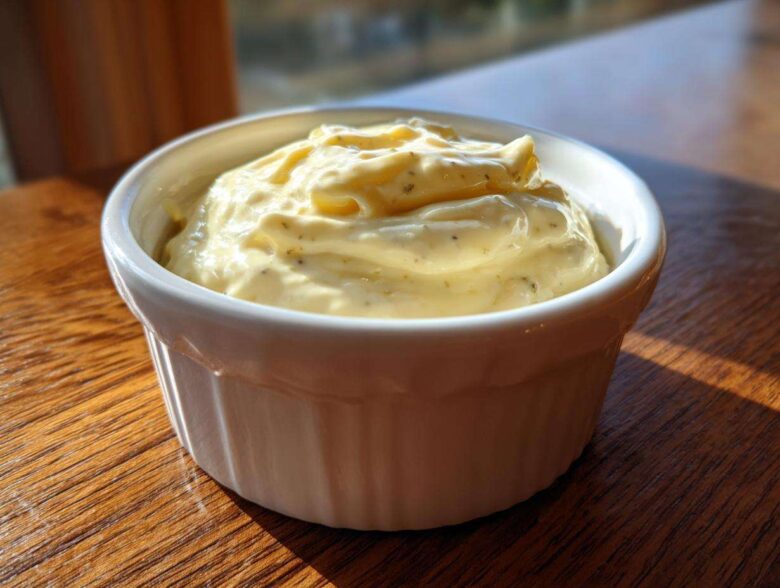 A close-up of creamy, pale yellow garlic aioli with visible specks of herbs in a small white ramekin.