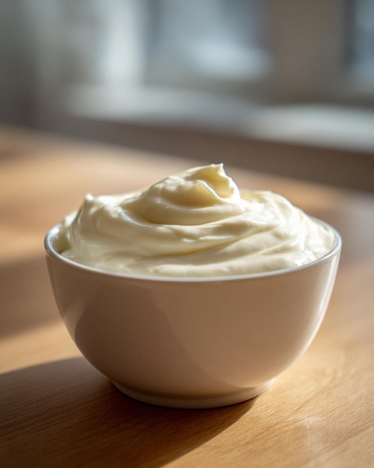 A close-up of thick, creamy garlic sauce swirled high in a small white bowl.