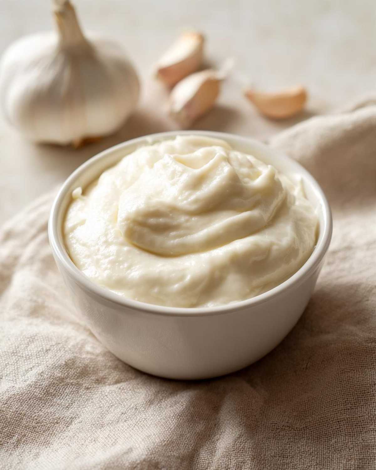 A close-up of thick, creamy garlic sauce in a white bowl, with a whole garlic bulb and cloves blurred in the background.