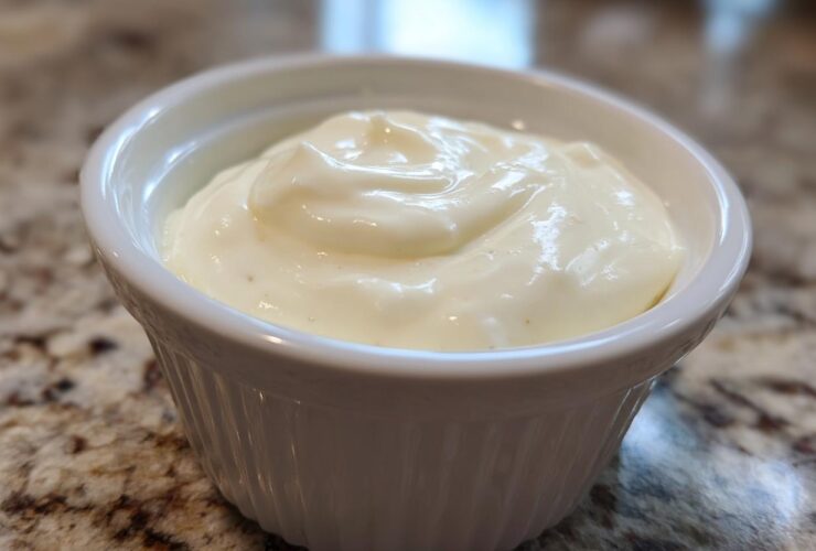 Close-up of thick, creamy garlic sauce served in a small white fluted ramekin on a granite countertop.