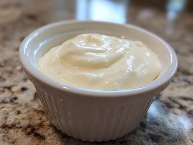 Close-up of thick, creamy garlic sauce served in a small white fluted ramekin on a granite countertop.