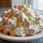 Close-up of a generous mound of creamy ham salad with diced ham and celery, served on a white plate.