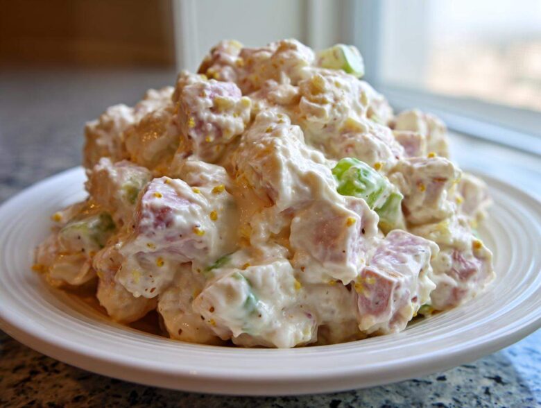 Close-up of a generous mound of creamy ham salad with diced ham and celery, served on a white plate.