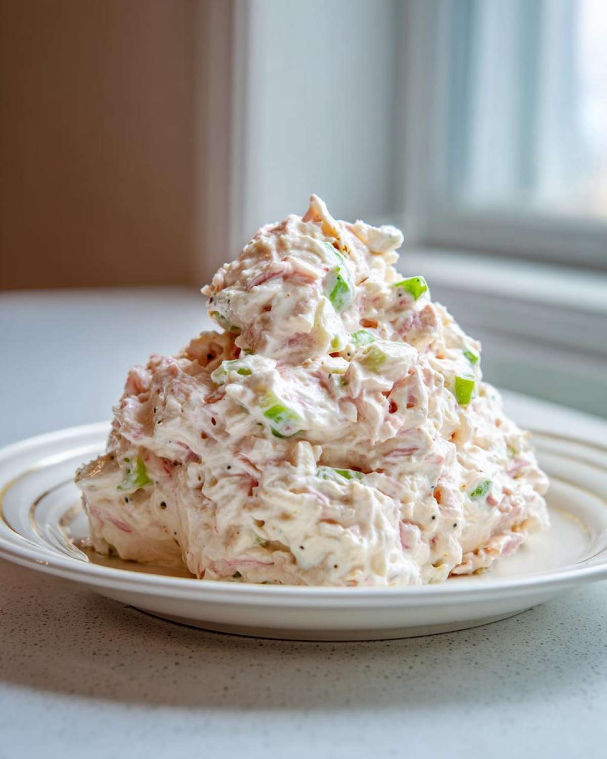 A generous mound of creamy ham salad mixed with chopped green peppers and seasonings, served on a small white plate.