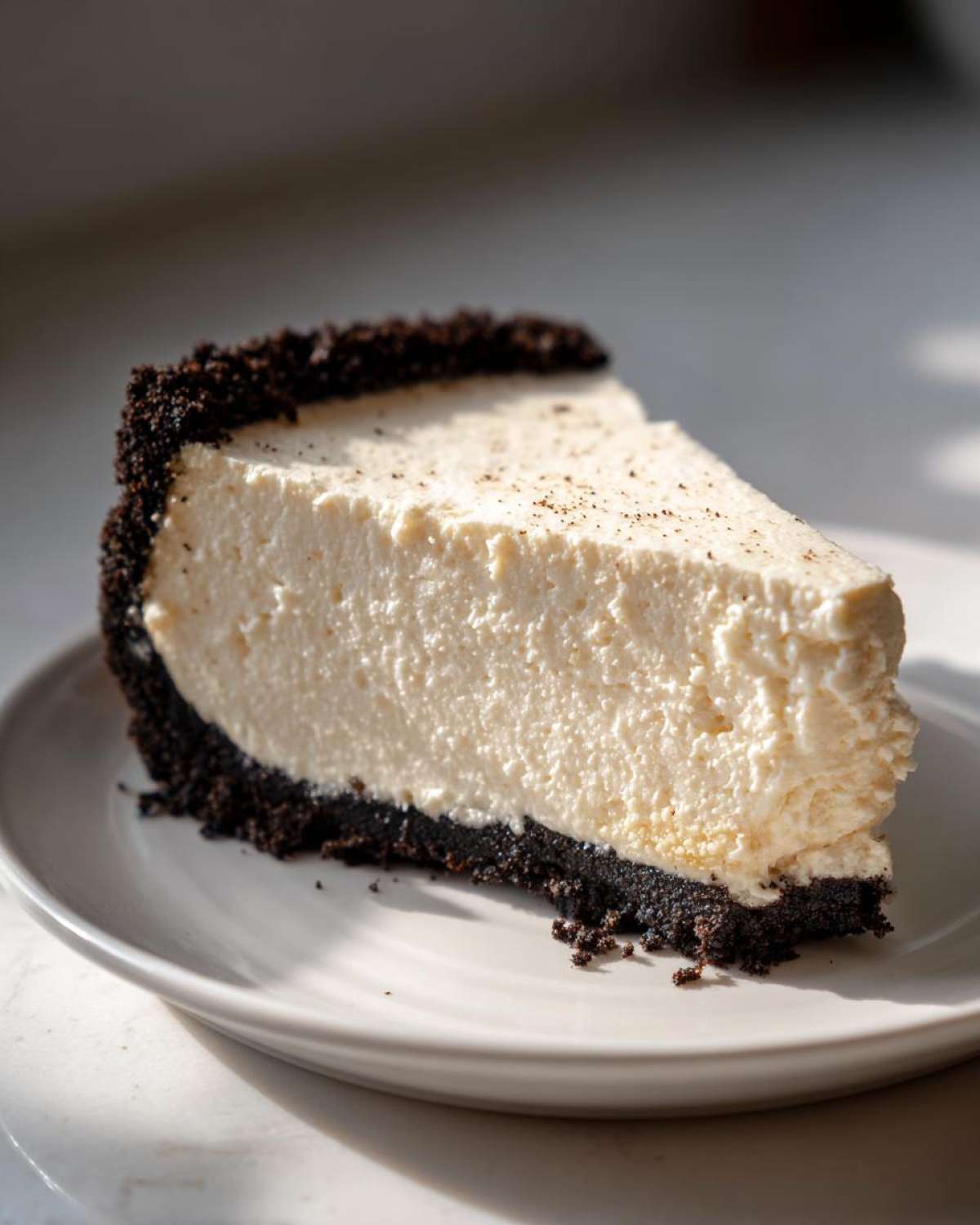 A perfect slice of creamy No bake cheesecake with a thick, dark chocolate cookie crust, dusted with vanilla specks.