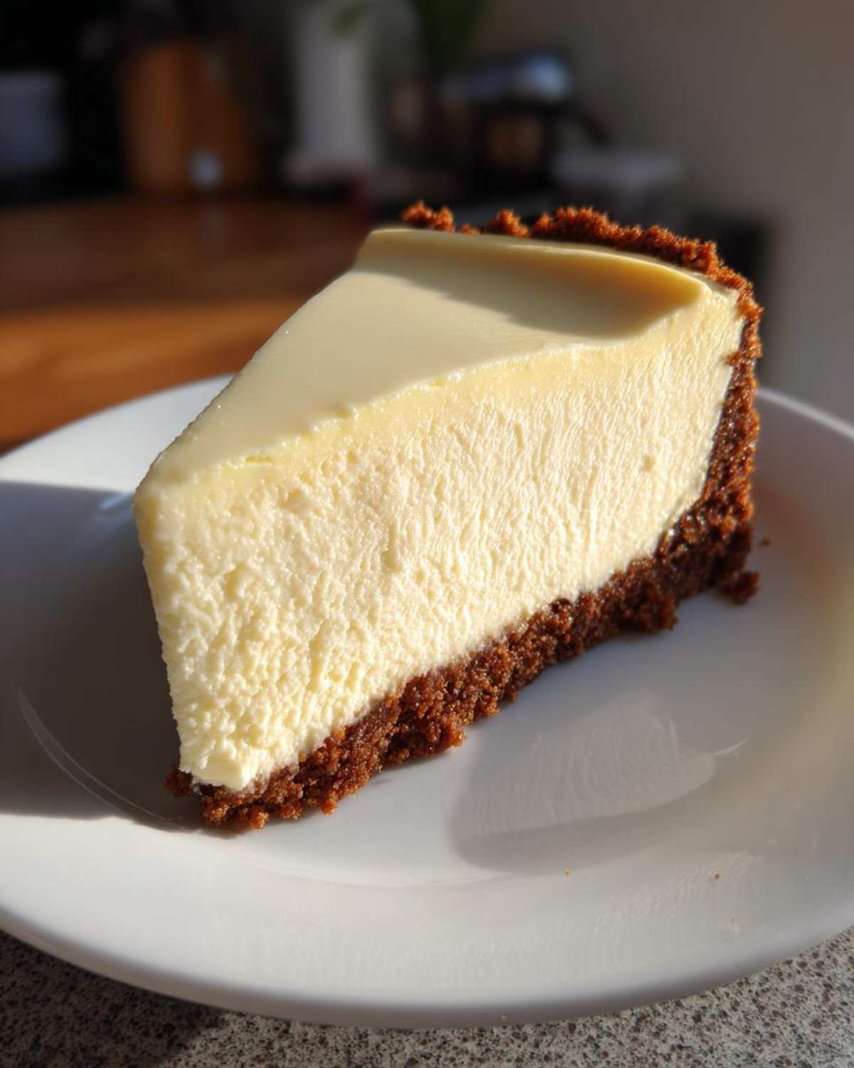 A perfect slice of creamy No bake cheesecake with a thick, dark chocolate crumb crust, served on a white plate.