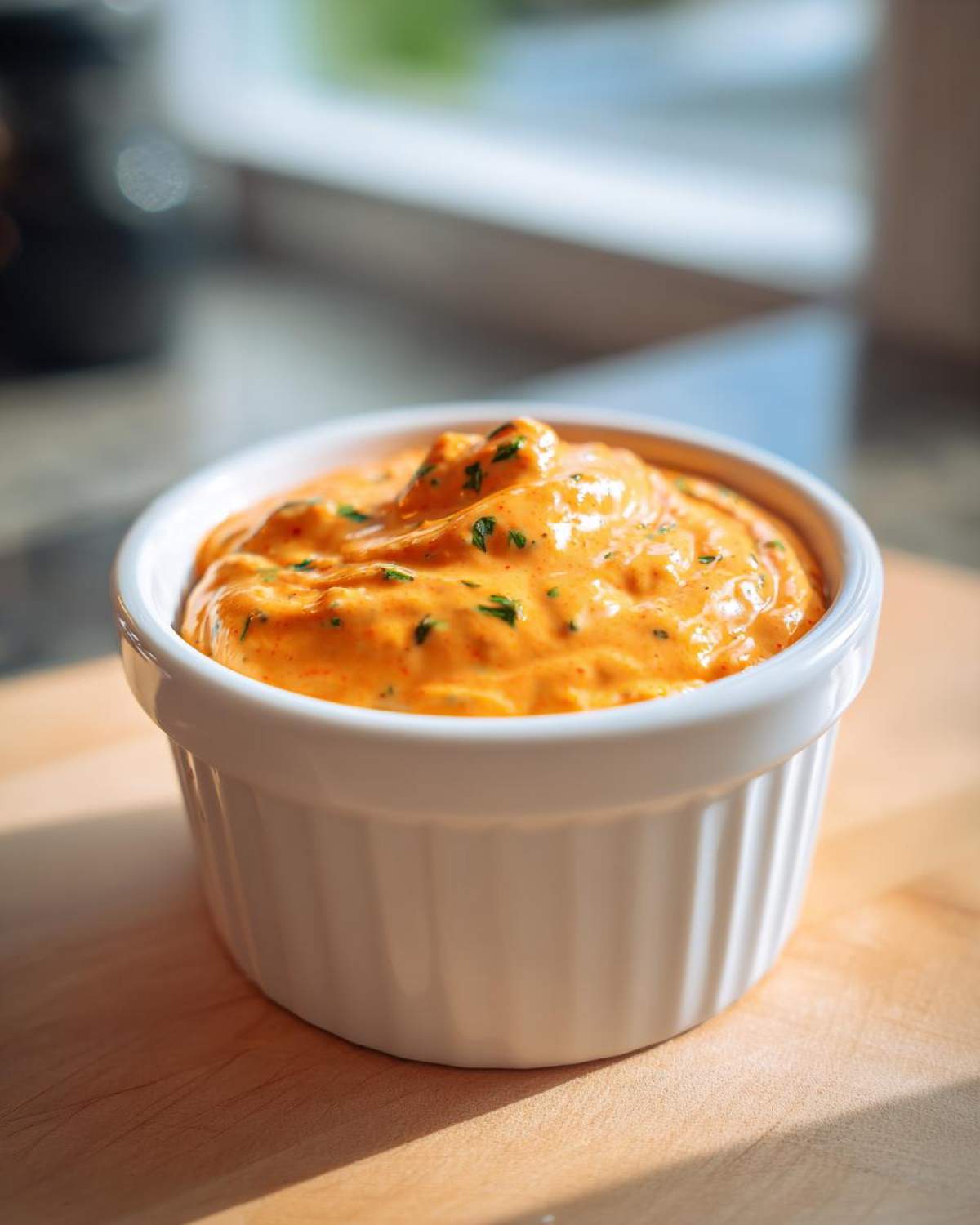 Close-up of a small white ramekin filled with thick, orange remoulade sauce speckled with green herbs.