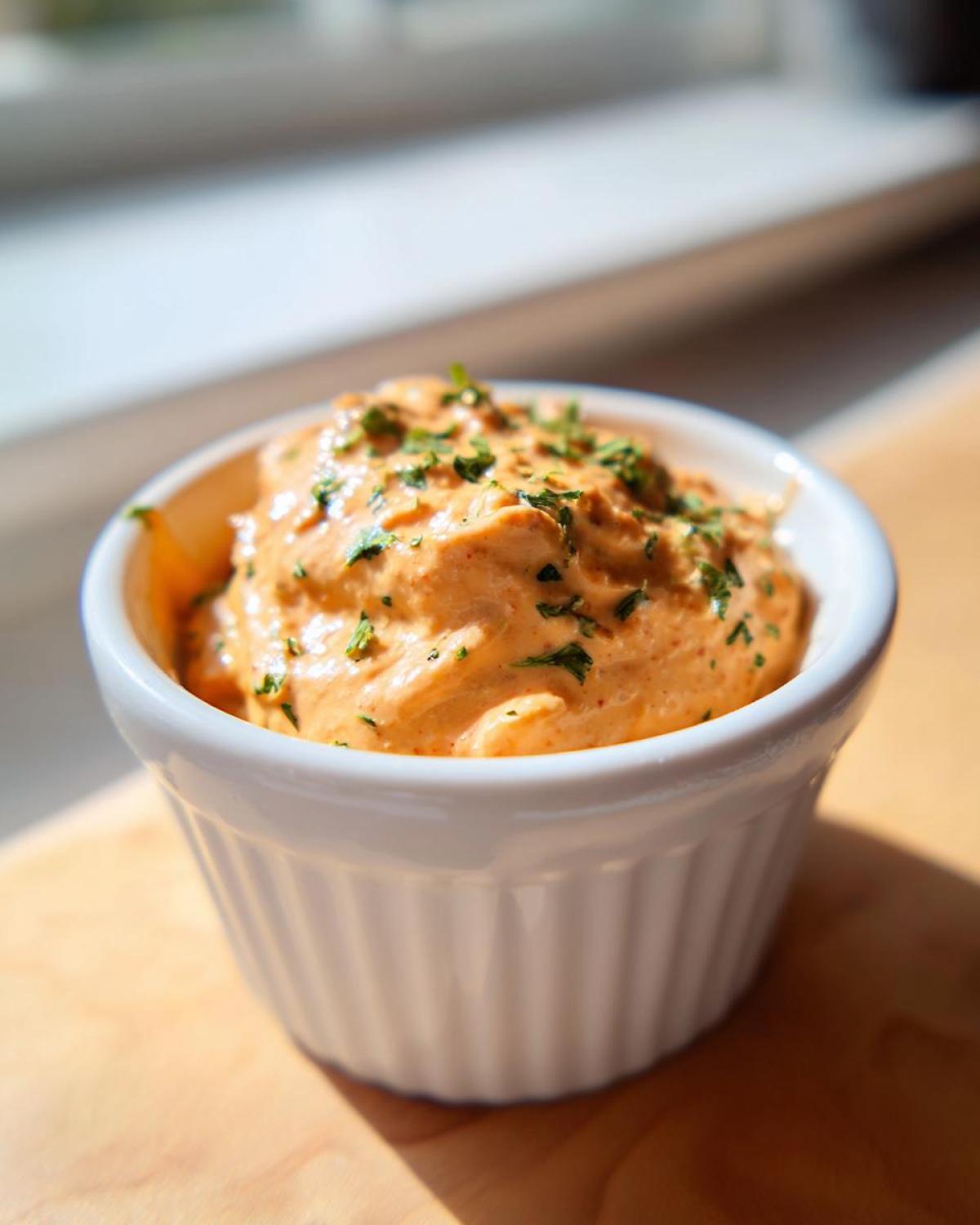 A close-up of rich, orange-hued remoulade sauce served in a white ramekin and garnished with chopped parsley.