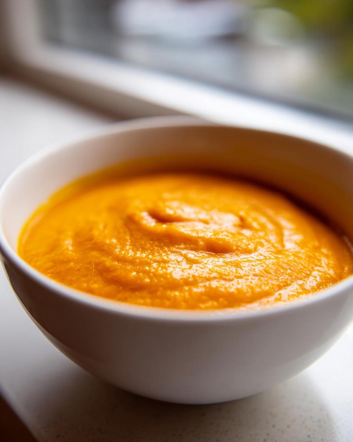 Close-up of a white bowl filled with vibrant orange, smooth Creamy Pumpkin Soup.