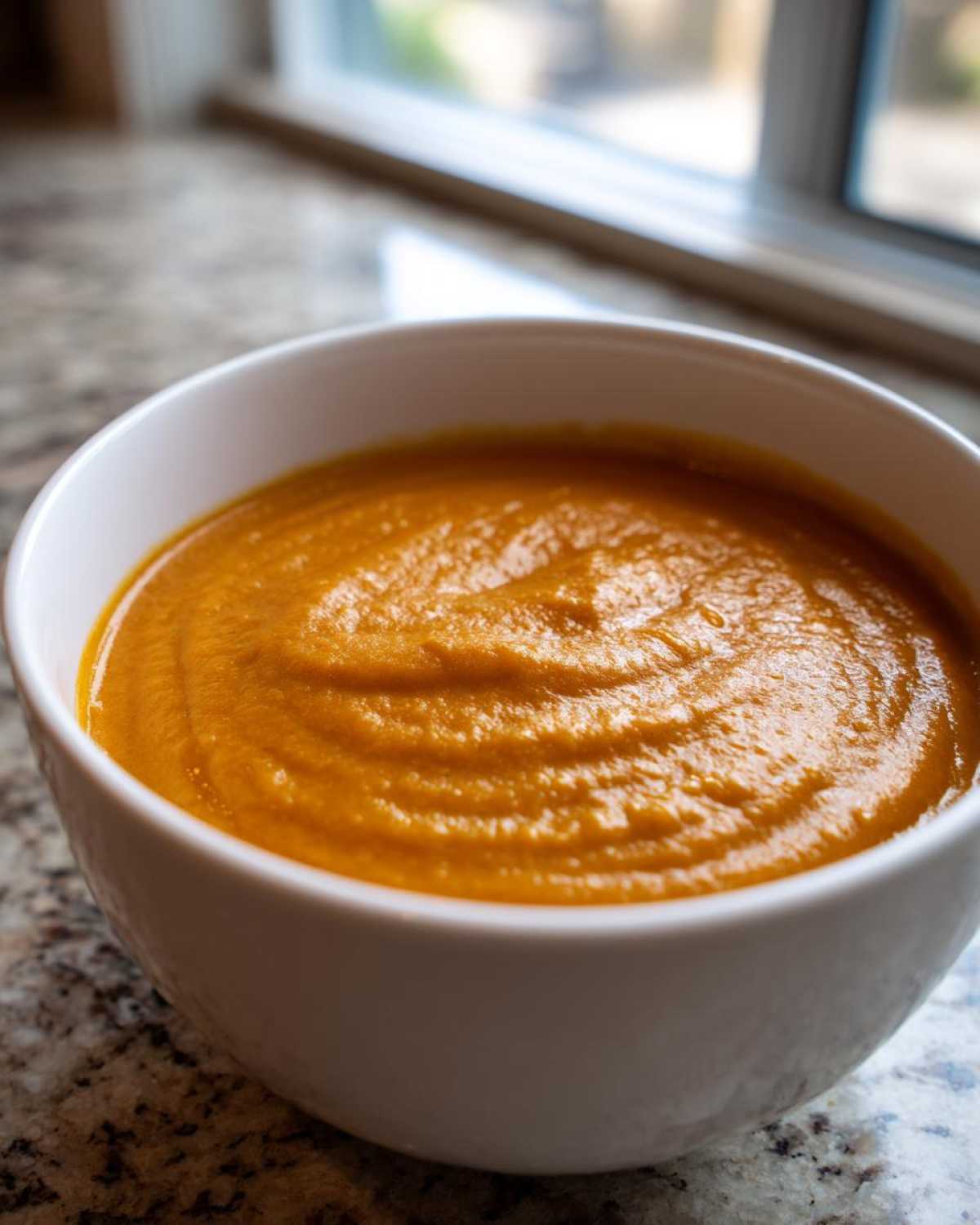 A close-up view of a white bowl filled with thick, bright orange Creamy Pumpkin Soup, resting on a granite countertop.