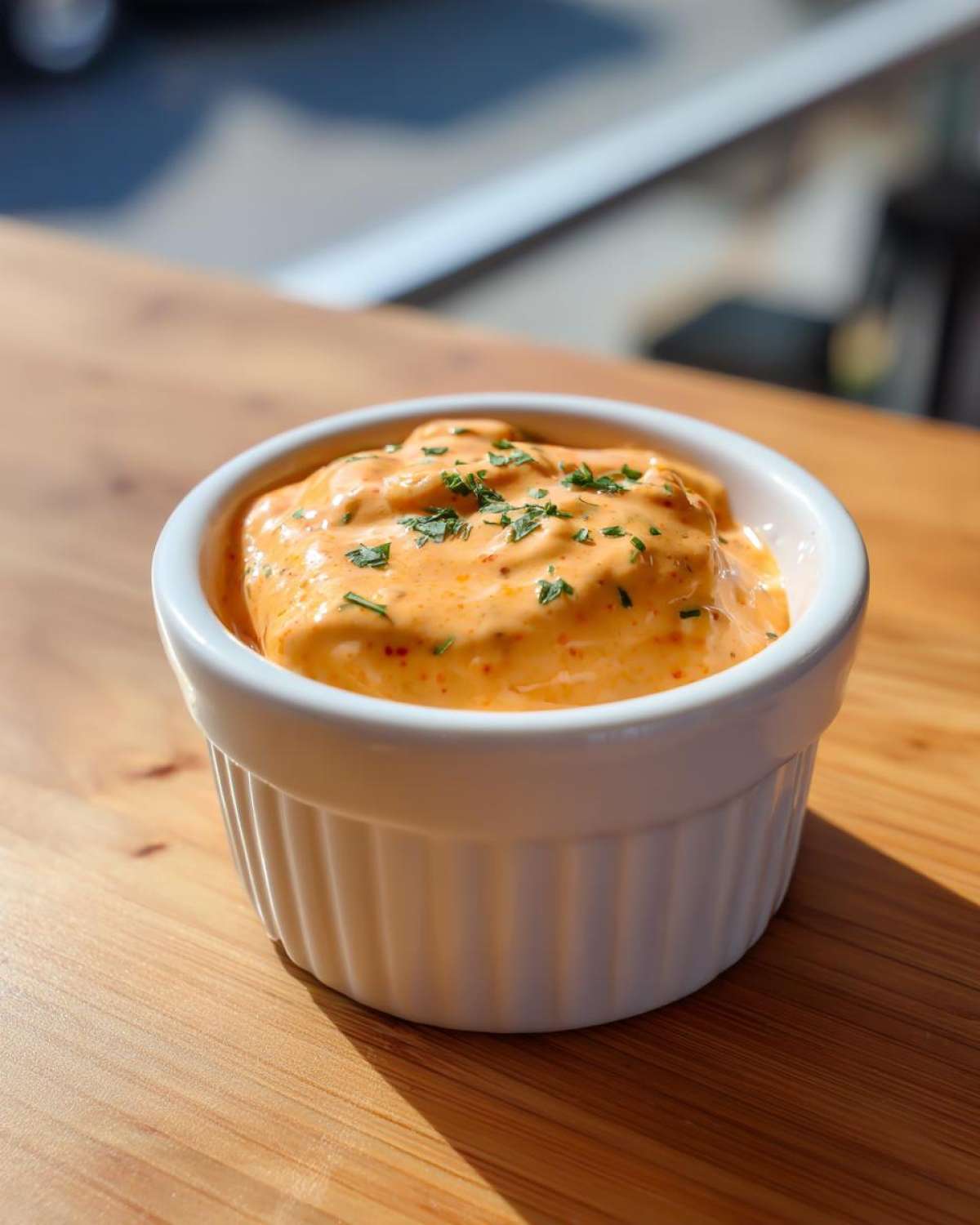 Close-up of a creamy, orange-hued remoulade sauce garnished with chopped herbs in a small white bowl.