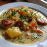 Close-up of a creamy bowl of sausage potato soup featuring browned sausage slices, chunks of potato, and fresh parsley garnish.