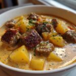 Close-up of a creamy bowl of sausage potato soup featuring browned sausage chunks and yellow potato cubes, garnished with parsley.