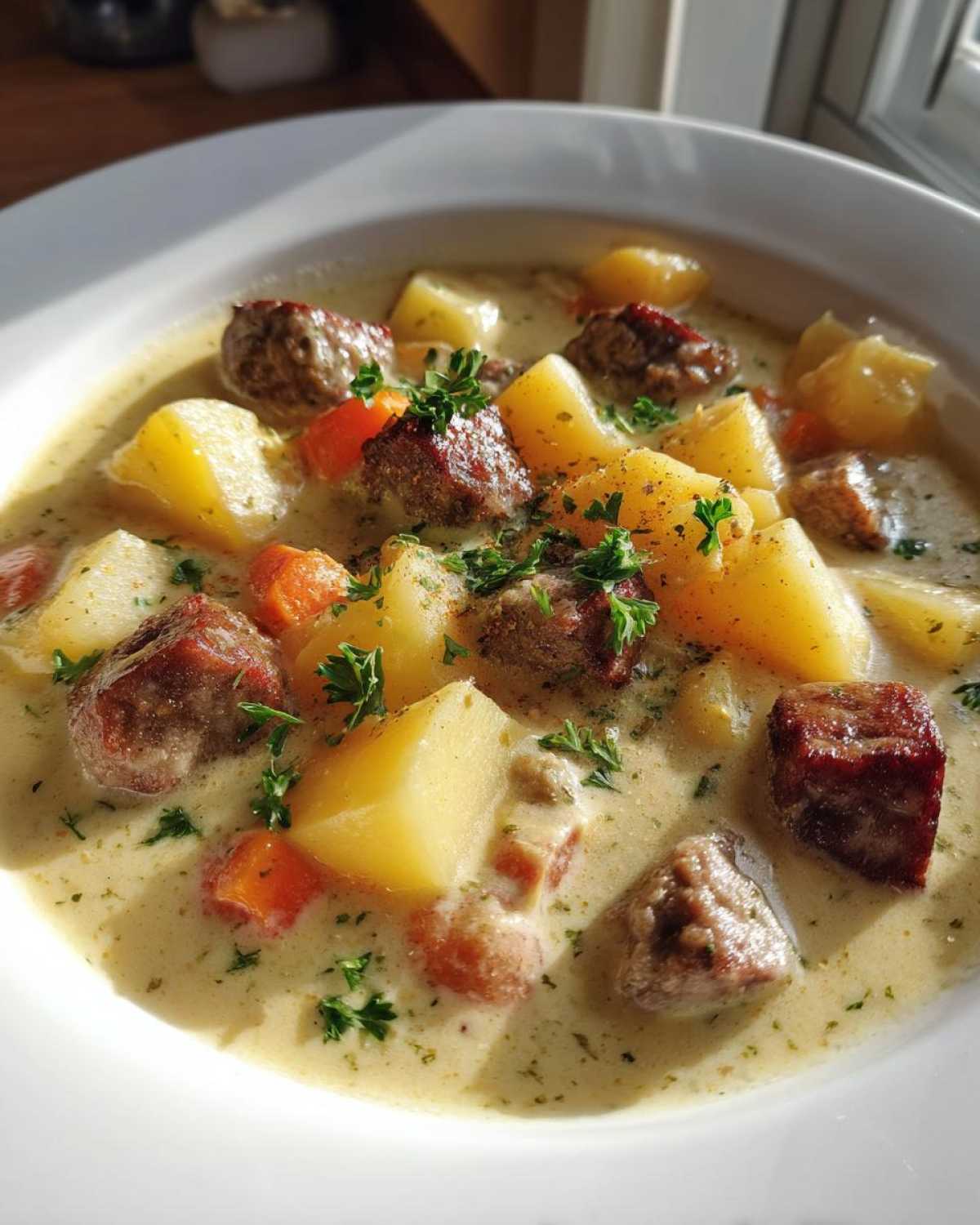 Close-up of a hearty bowl of creamy sausage potato soup, featuring chunks of sausage, potatoes, and carrots, topped with parsley.