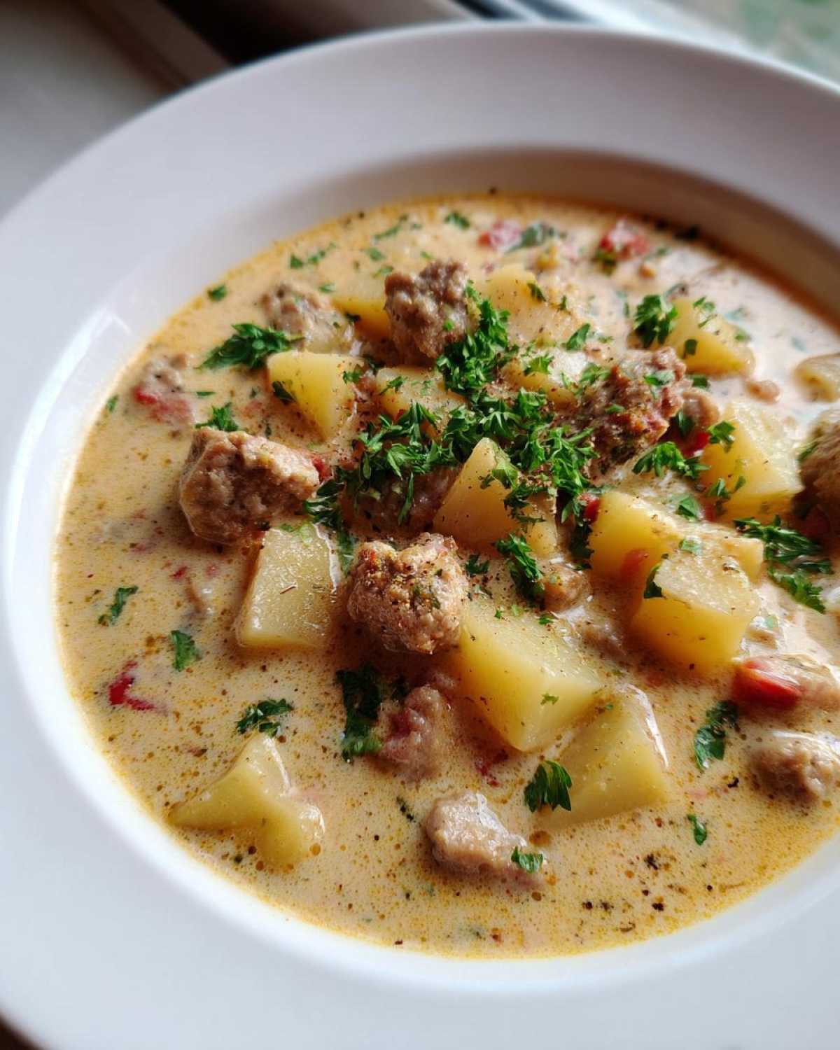 Close-up of a hearty bowl of creamy sausage potato soup, garnished with fresh parsley.