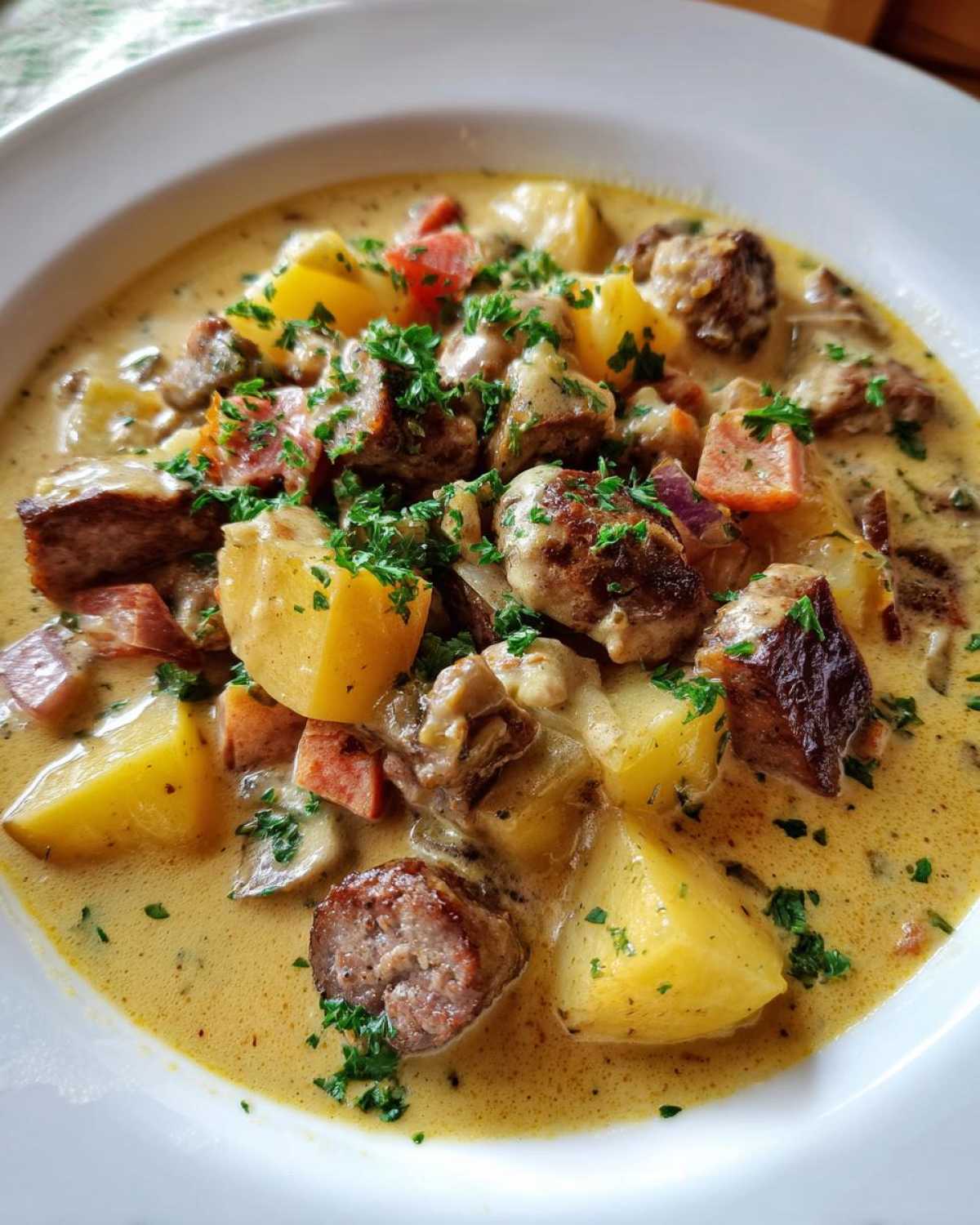 Close-up of a creamy bowl of sausage potato soup featuring chunks of sausage, yellow potatoes, carrots, and fresh parsley garnish.