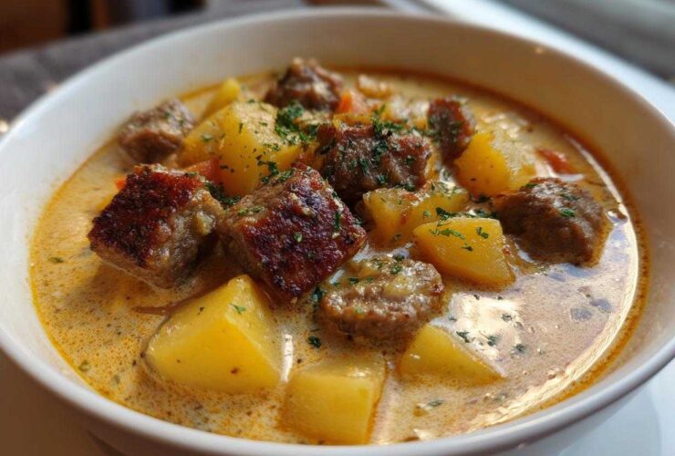 Close-up of a creamy bowl of sausage potato soup featuring browned sausage chunks and yellow potato cubes, garnished with parsley.