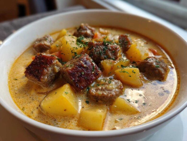 Close-up of a creamy bowl of sausage potato soup featuring browned sausage chunks and yellow potato cubes, garnished with parsley.