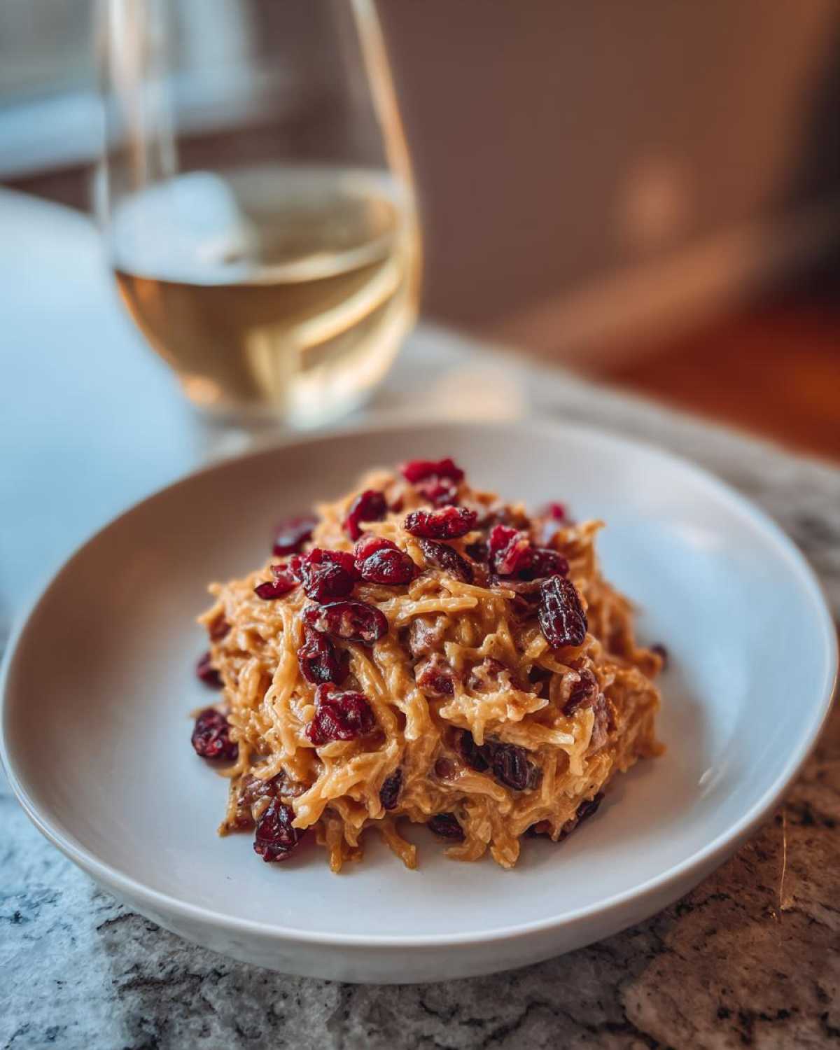 A creamy serving of spaghetti squash topped with dried cranberries, perfect for thanksgiving recipes.