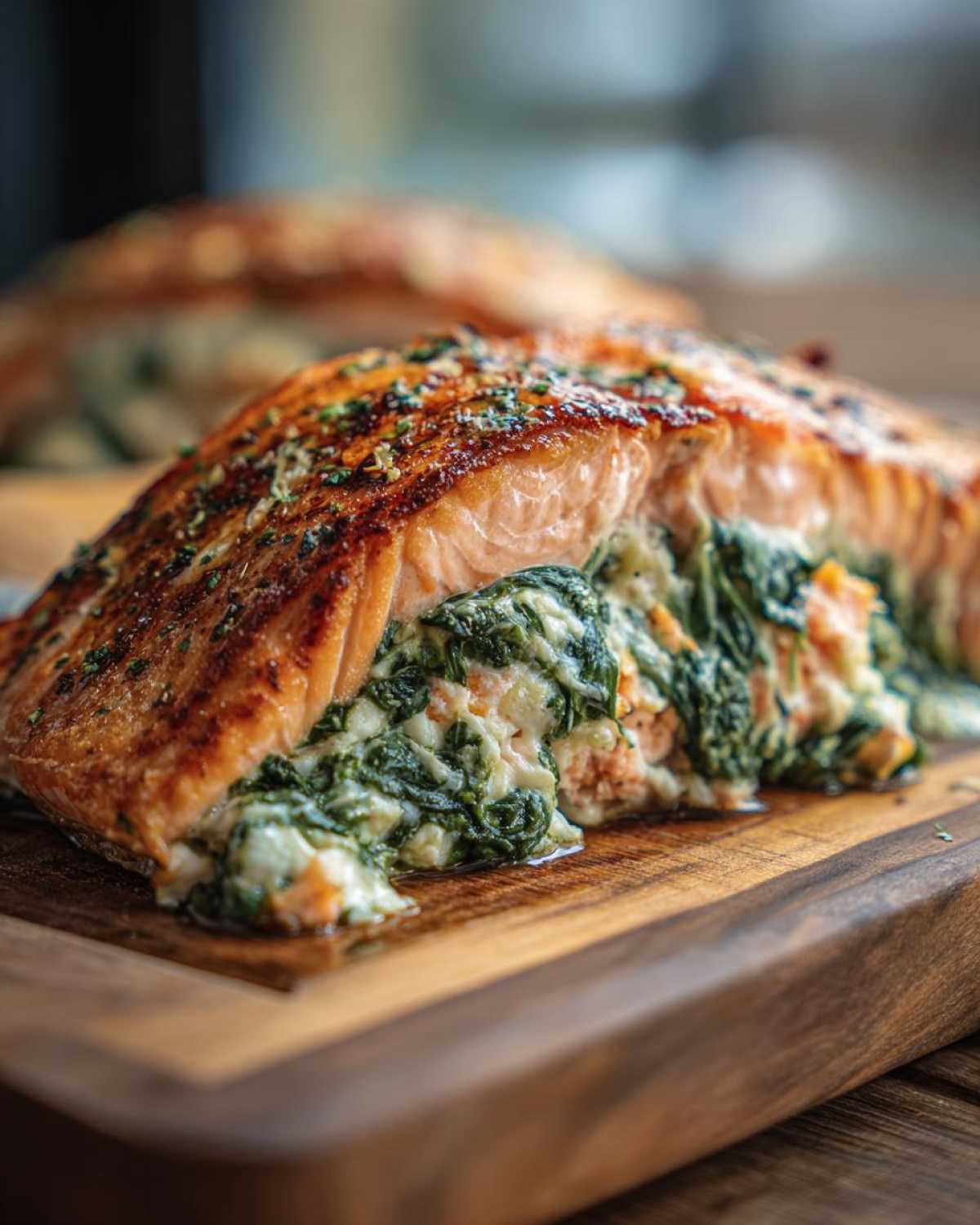 A perfectly cooked piece of stuffed salmon showing a rich, creamy spinach filling spilling out slightly.