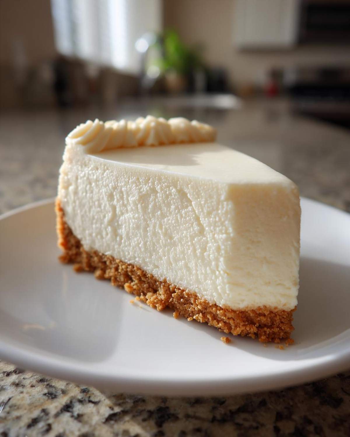A perfect slice of creamy white chocolate cheesecake with a graham cracker crust, sitting on a white plate.
