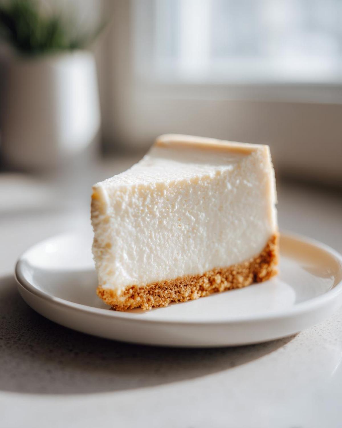 A perfectly cut slice of creamy white chocolate cheesecake with a graham cracker crust, served on a white plate.
